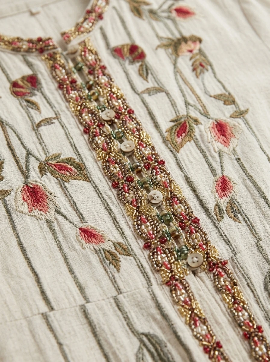 Beige Linen Embroidered Kaftan - Boho Collection - Image 5