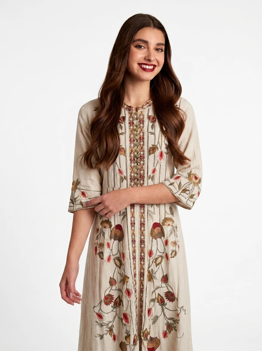Beige Linen Embroidered Kaftan - Boho Collection - Image 3