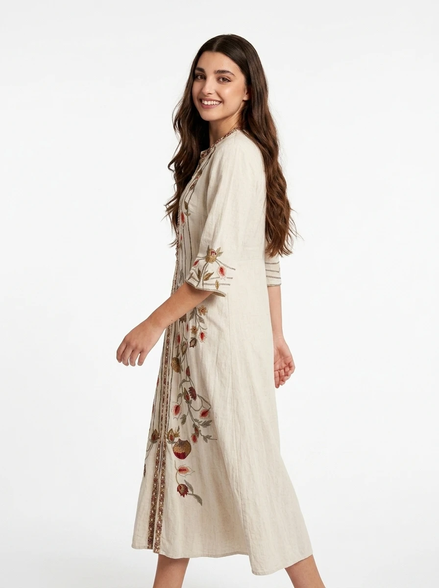 Beige Linen Embroidered Kaftan - Boho Collection - Image 4