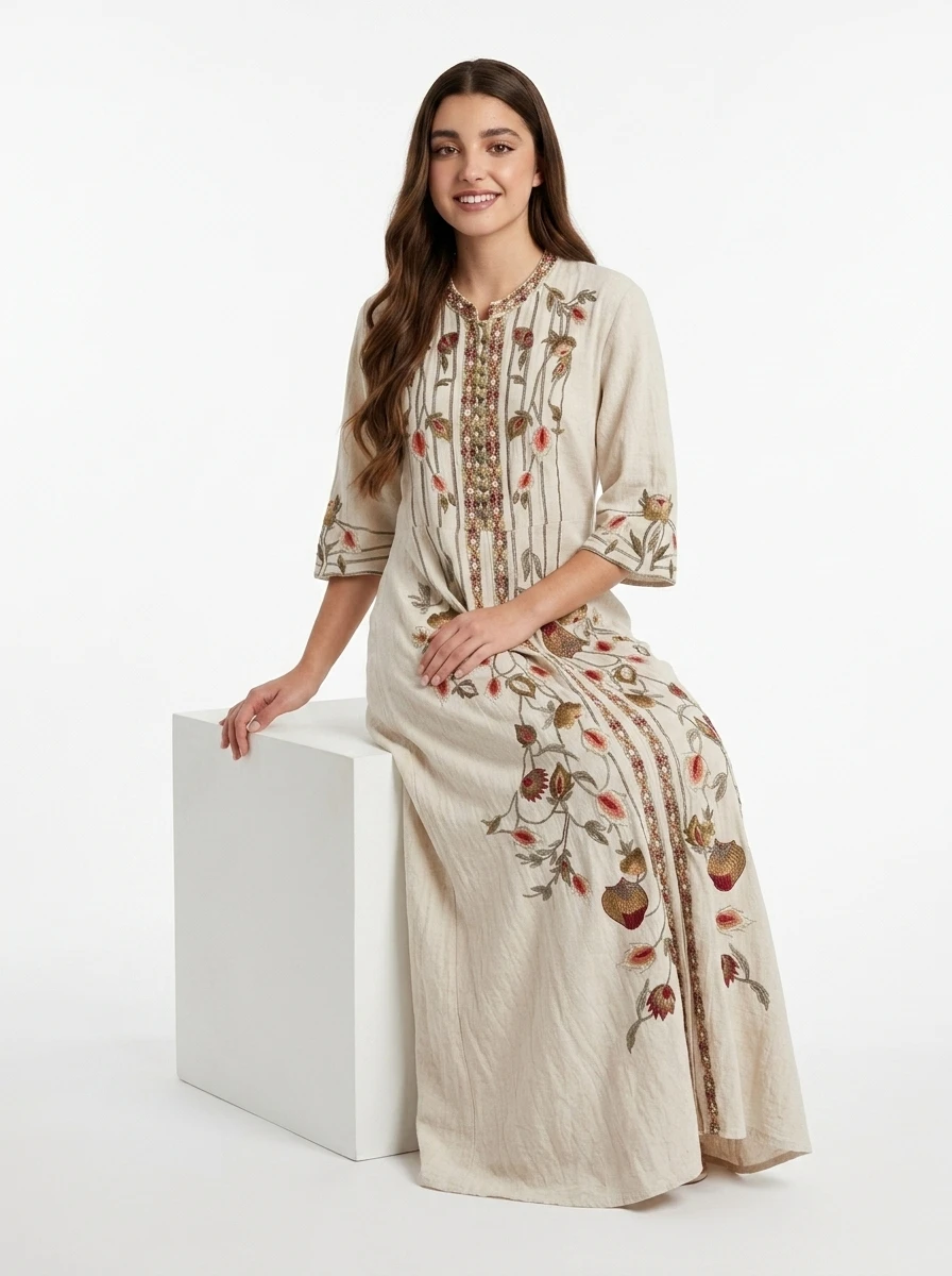 Beige Linen Embroidered Kaftan - Boho Collection - Image 2