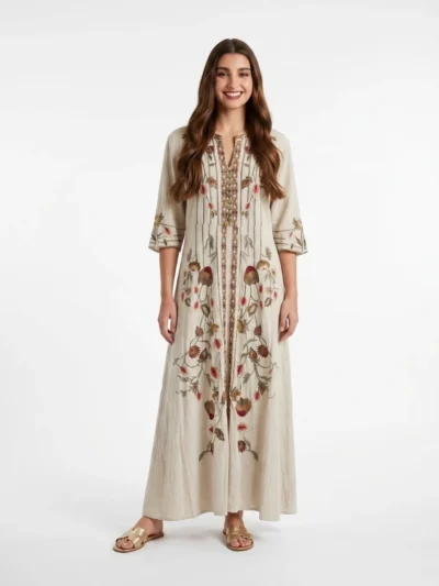 Beige Linen Embroidered Kaftan - Boho Collection