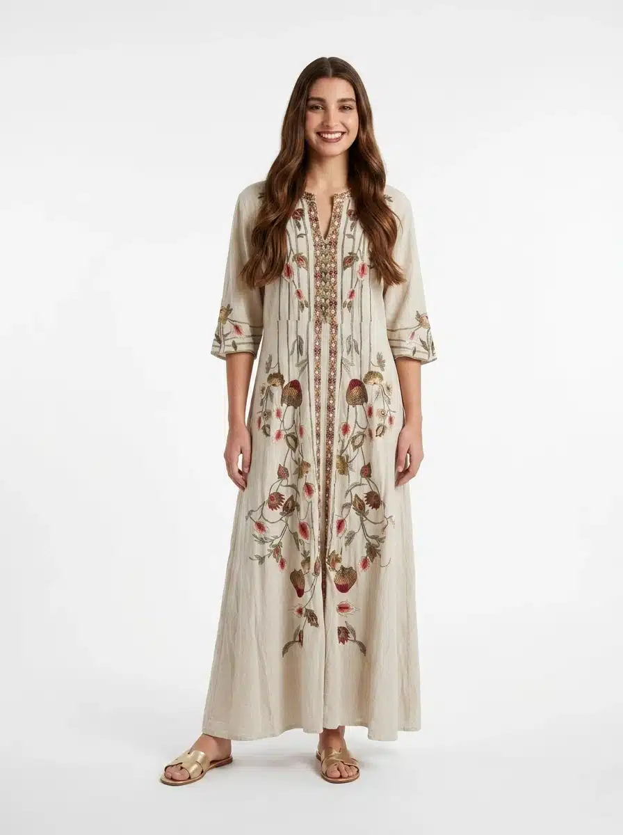 Beige Linen Embroidered Kaftan - Boho Collection