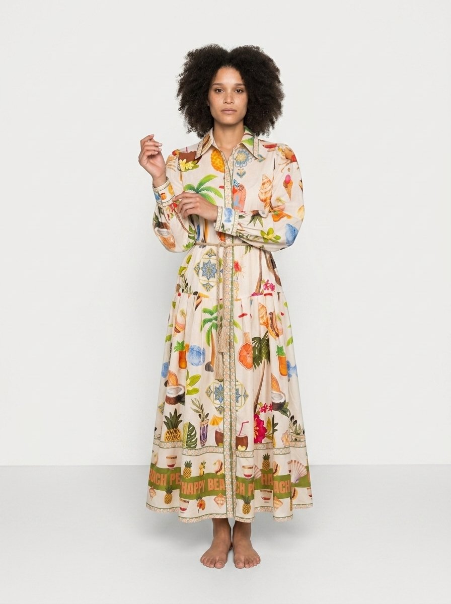 Beige Printed Cotton Tailored Dress - Summer Vibes - Image 4