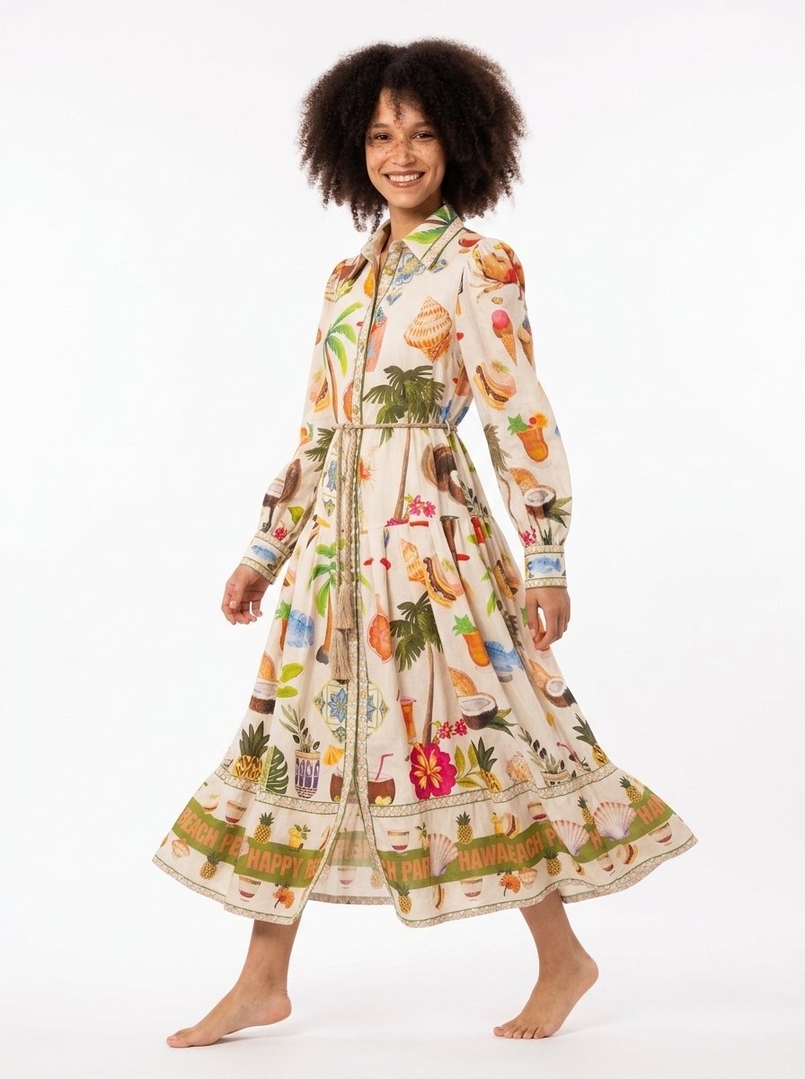 Beige Printed Cotton Tailored Dress - Summer Vibes - Image 5