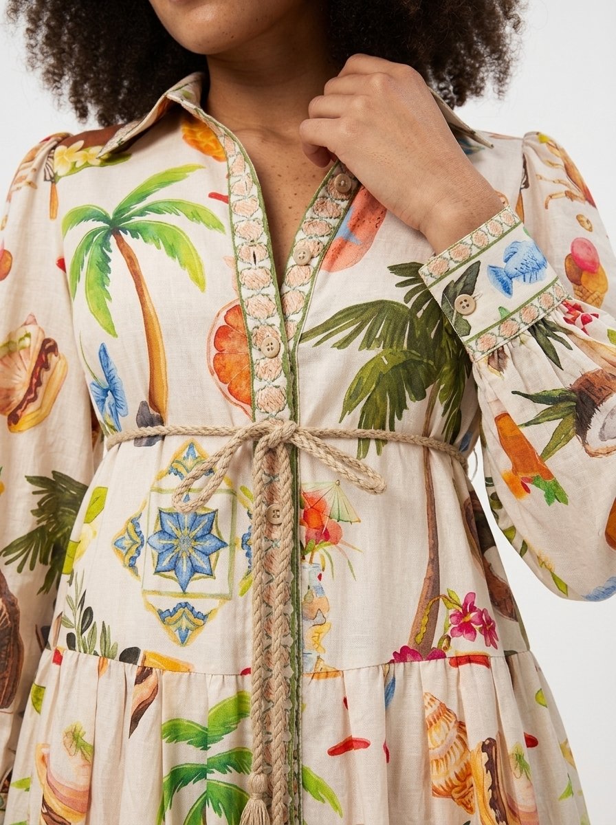 Beige Printed Cotton Tailored Dress - Summer Vibes - Image 3