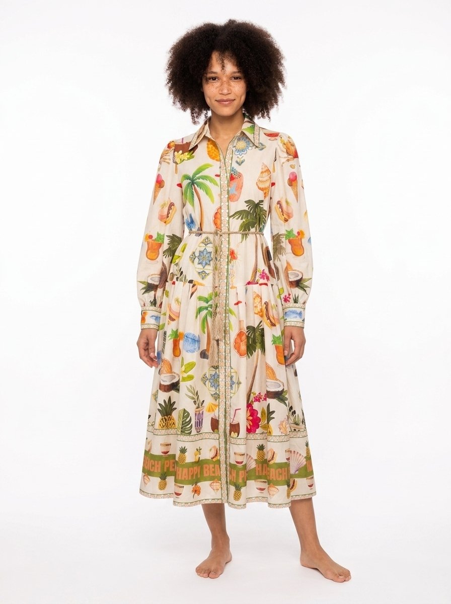Beige Printed Cotton Tailored Dress - Summer Vibes - Image 6