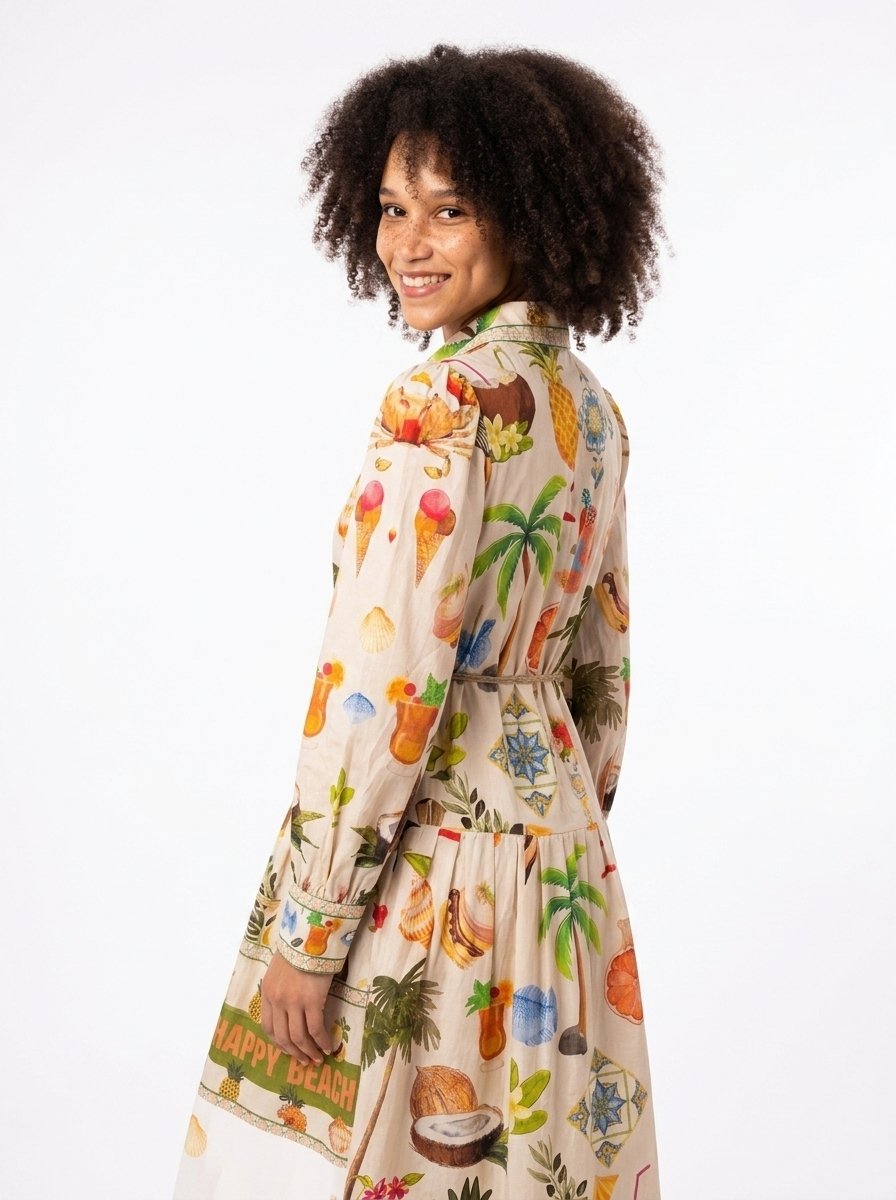 Beige Printed Cotton Tailored Dress - Summer Vibes - Image 2