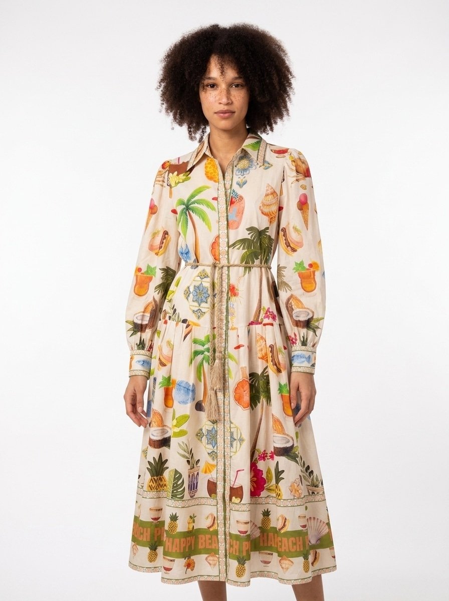 Beige Printed Cotton Tailored Dress - Summer Vibes