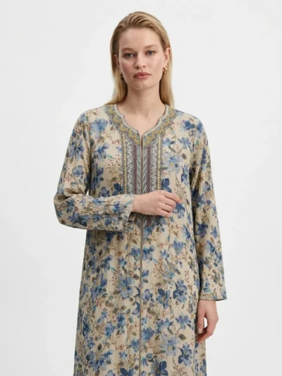 Beige and Blue Floral Embroidered Dress - Summer Vibes