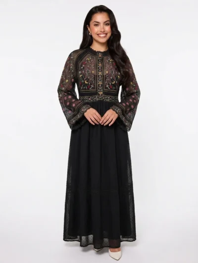 Black Embroidered Chiffon Dress - Boho Collection