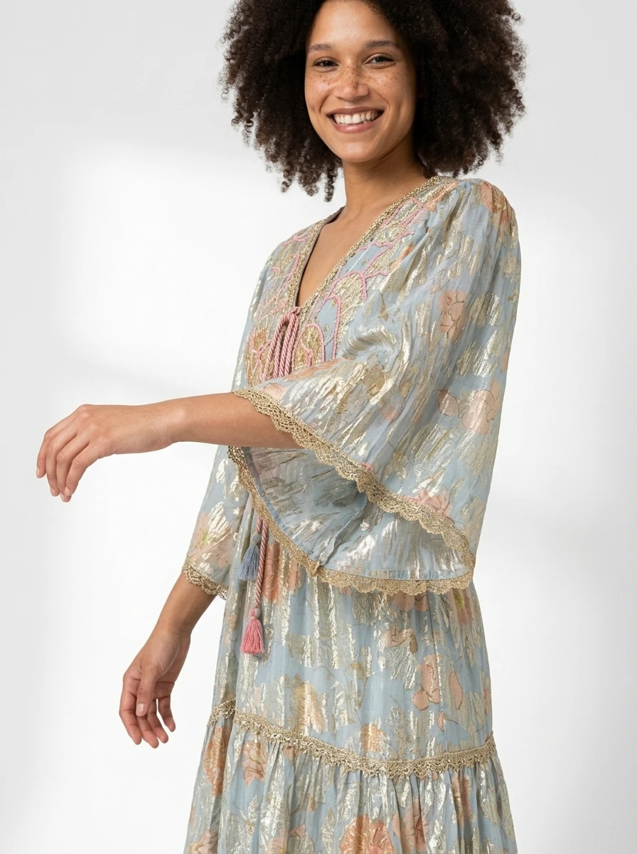 Blue Golden Embroidered Dress - Summer Vibes - Image 2