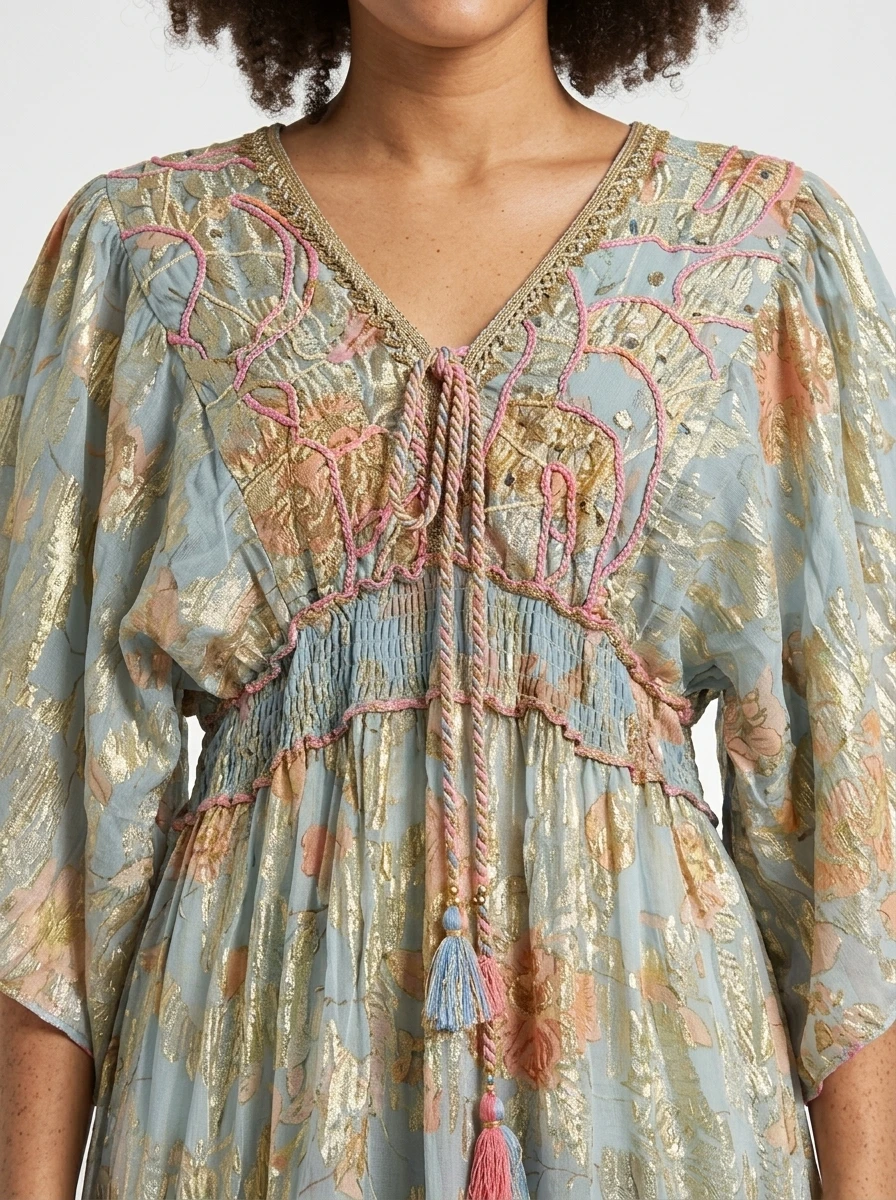 Blue Golden Embroidered Dress - Summer Vibes - Image 4