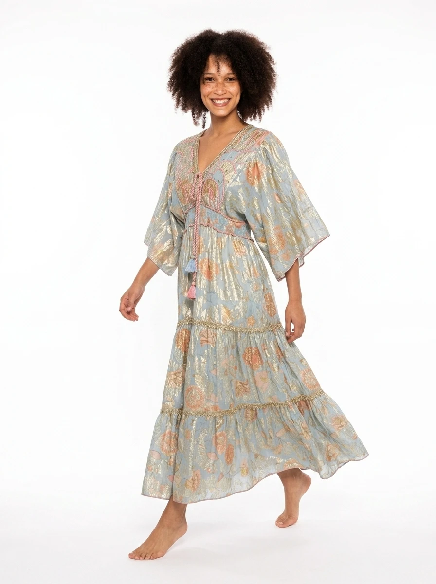 Blue Golden Embroidered Dress - Summer Vibes - Image 3