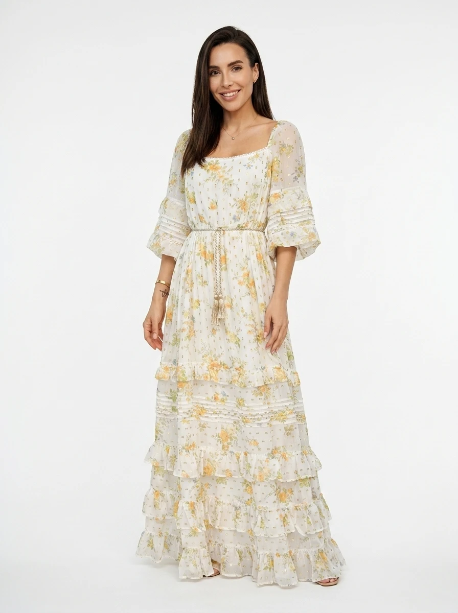 Bohemian Tiered Maxi Dress Off-White Chiffon - Image 5