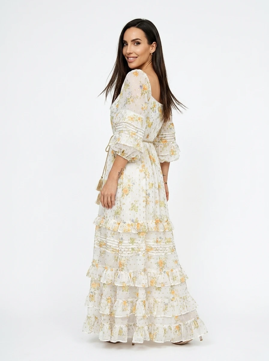 Bohemian Tiered Maxi Dress Off-White Chiffon - Image 4