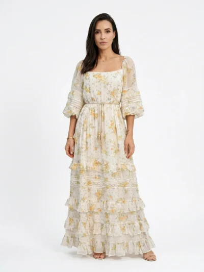 Bohemian Tiered Maxi Dress Off-White Chiffon