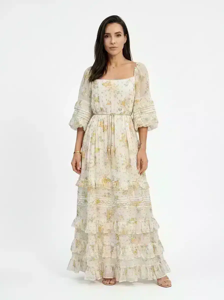 Bohemian Tiered Maxi Dress Off-White Chiffon