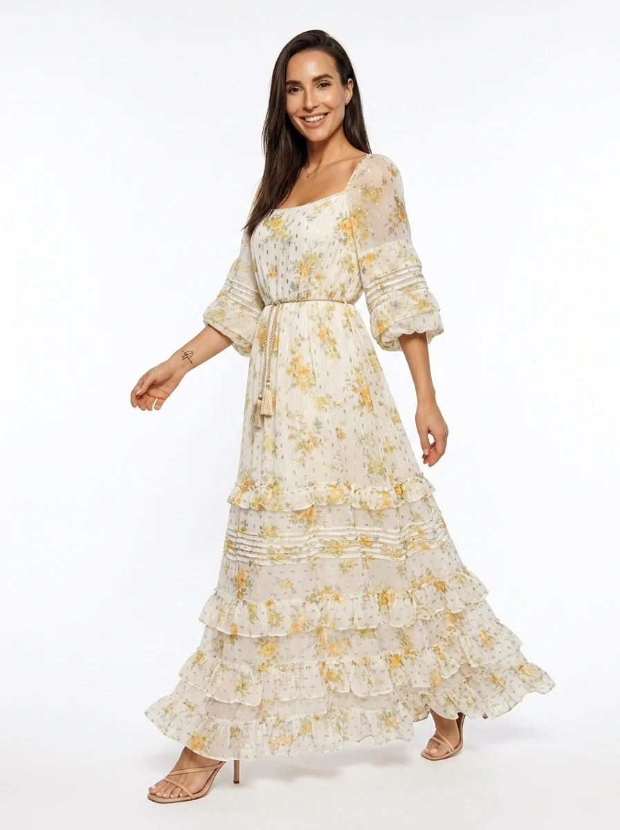 Bohemian Tiered Maxi Dress Off-White Chiffon - Image 6