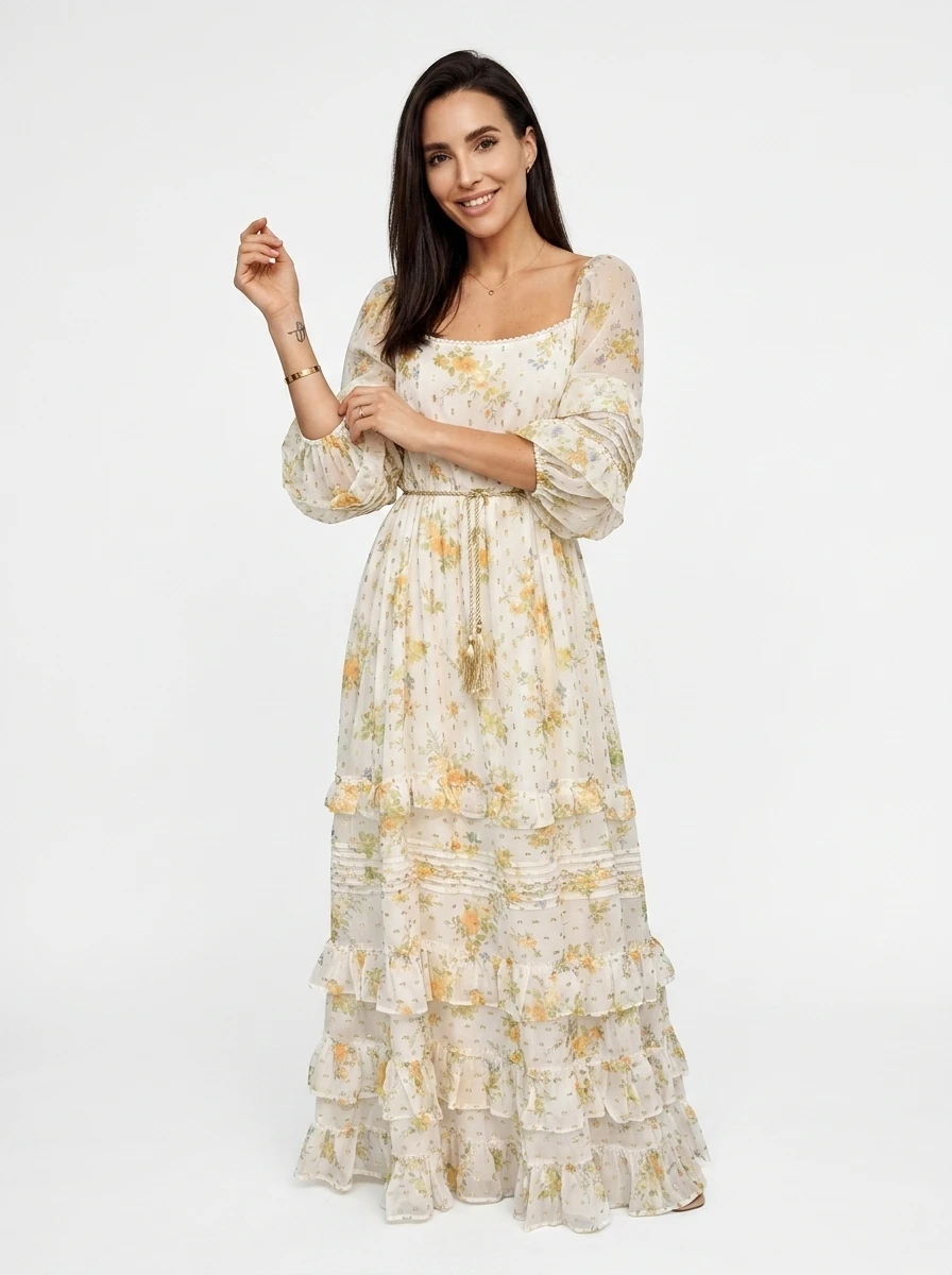 Bohemian Tiered Maxi Dress Off-White Chiffon - Image 2