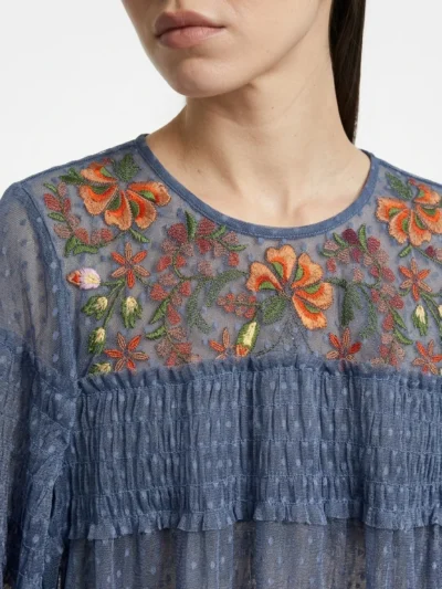 Blue Dotted Mesh Embroidered Dress - Summer Vibes