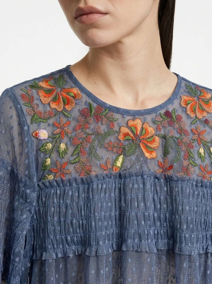Blue Dotted Mesh Embroidered Dress - Summer Vibes