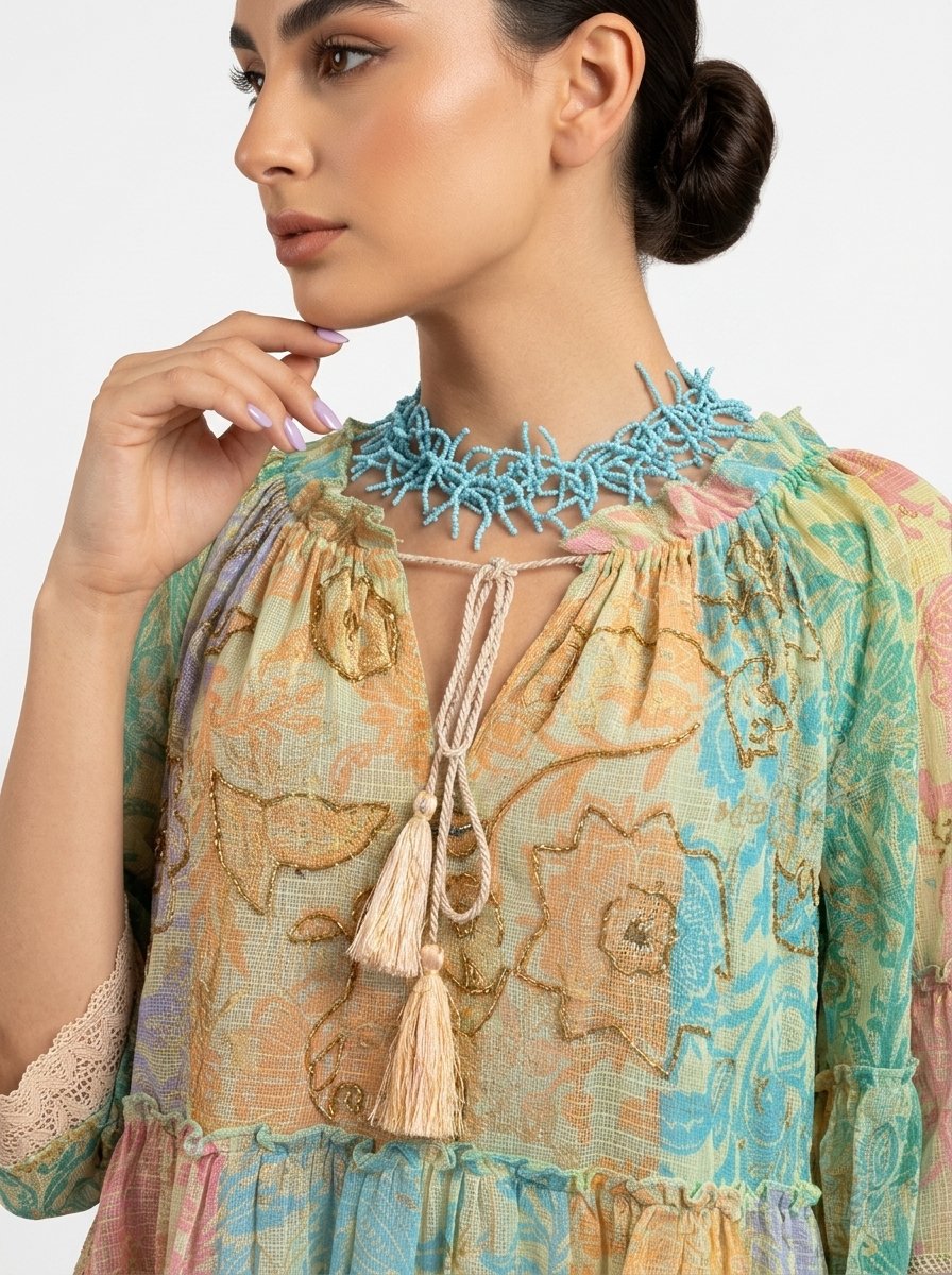Women's Relaxed Fit Bohemian Tiered Midi Dress in Sage Green | Cotton - Image 2