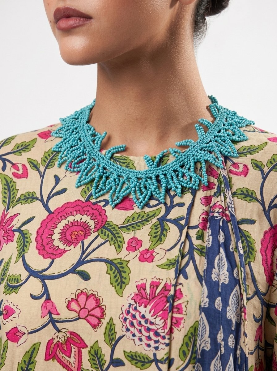 Multi-Colored Floral Printed Cotton Crochet Dress - Boho Collection - Image 3