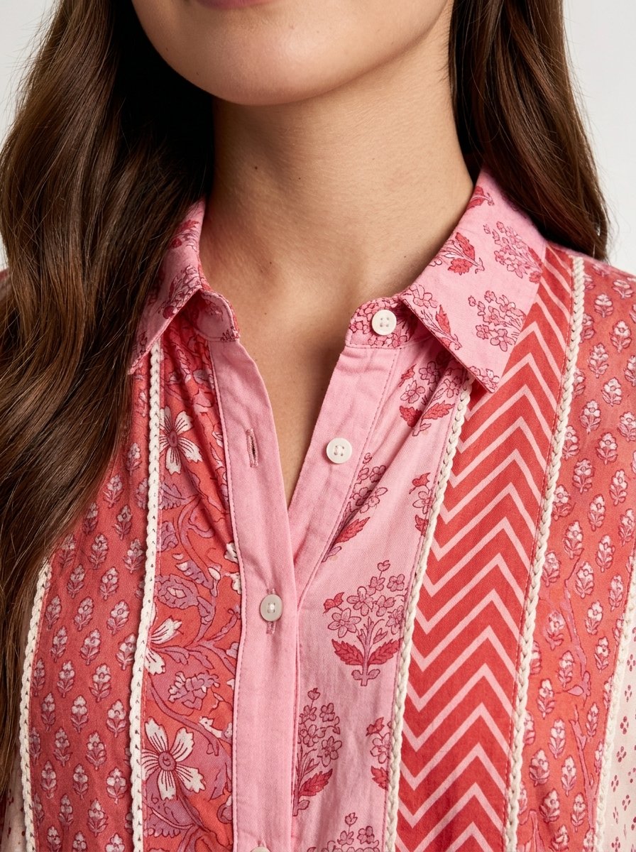 Coral and Beige Cotton Hand-Printed Dress - Summer Vibes - Image 2