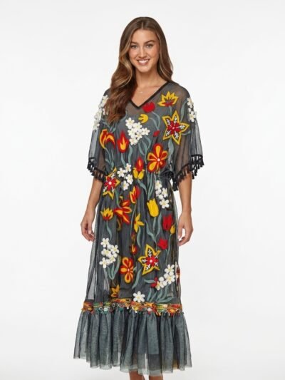 Embroidered Black Chiffon Kaftan - Summer Vibes