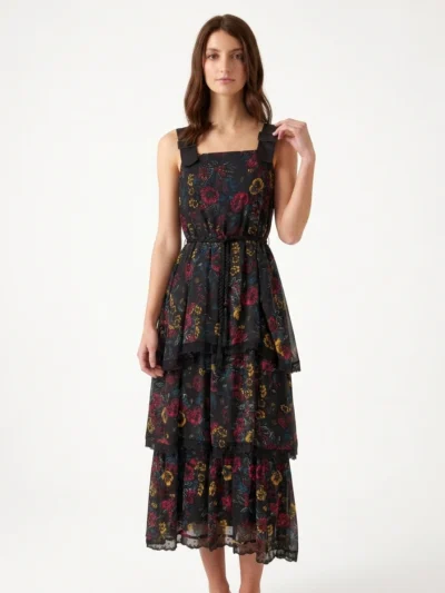 FloraMuse Maxi Dress – Tiered Dark Bloom