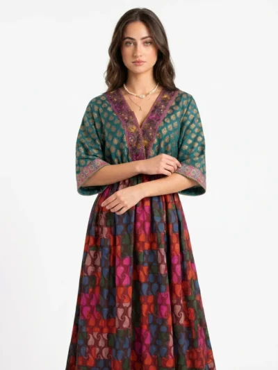 Jacquard & Printed Maxi Dress - Festive Aura