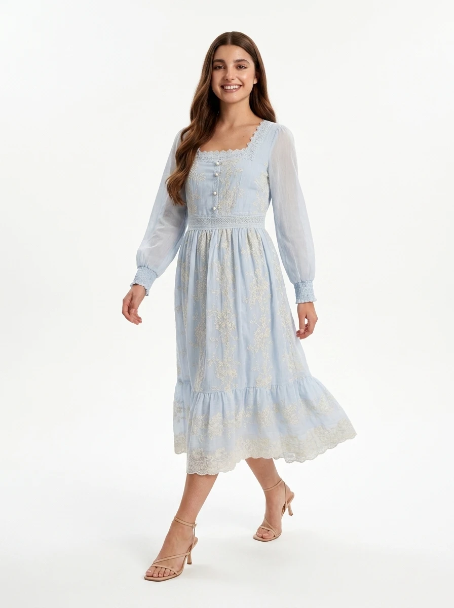 Light Blue Embroidered Cotton Dress - Summer Vibes - Image 6