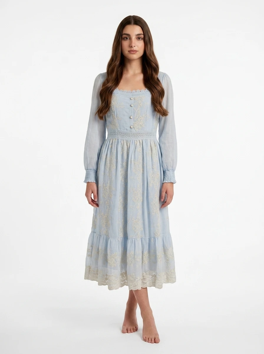 Light Blue Embroidered Cotton Dress - Summer Vibes - Image 7