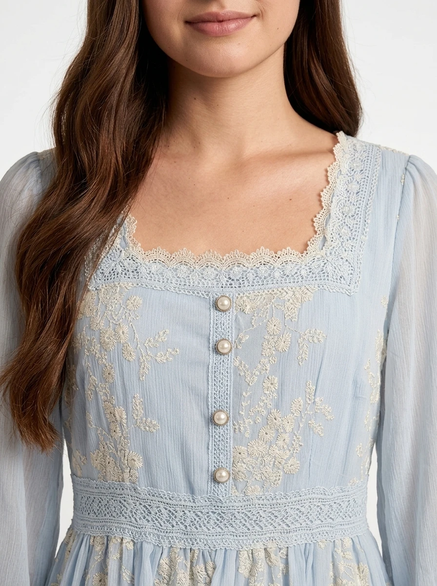 Light Blue Embroidered Cotton Dress - Summer Vibes - Image 2