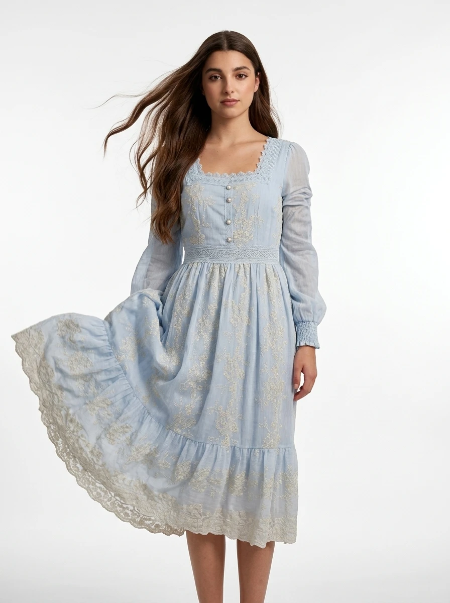 Light Blue Embroidered Cotton Dress - Summer Vibes - Image 3