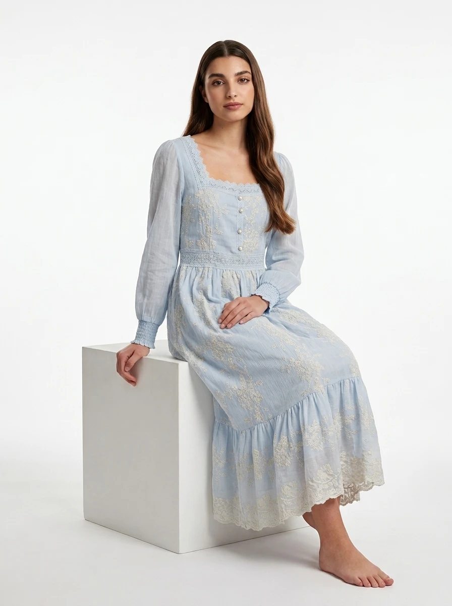 Light Blue Embroidered Cotton Dress - Summer Vibes - Image 5