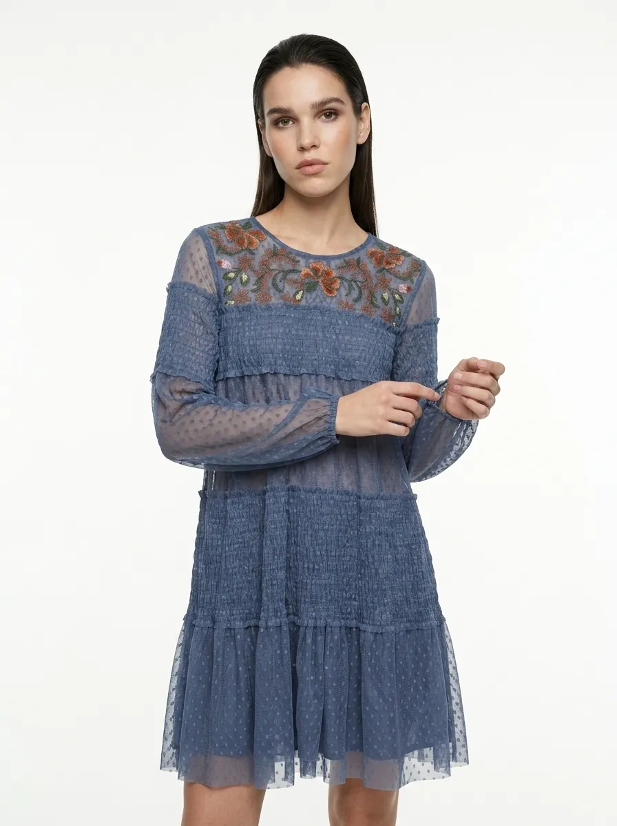 Blue Dotted Mesh Embroidered Dress - Summer Vibes