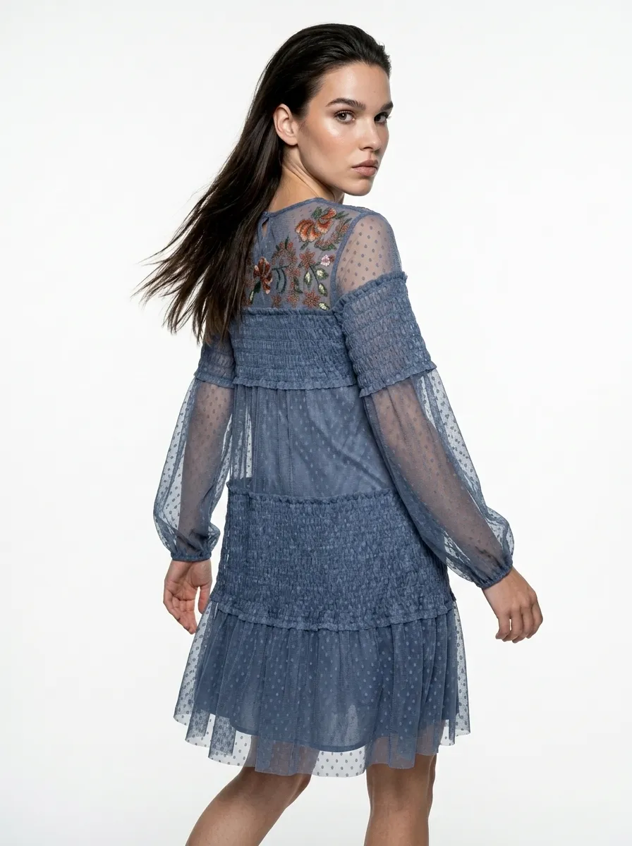 Blue Dotted Mesh Embroidered Dress - Summer Vibes