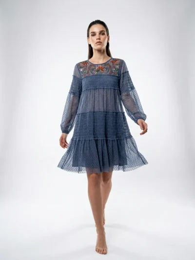 Blue Dotted Mesh Embroidered Dress - Summer Vibes