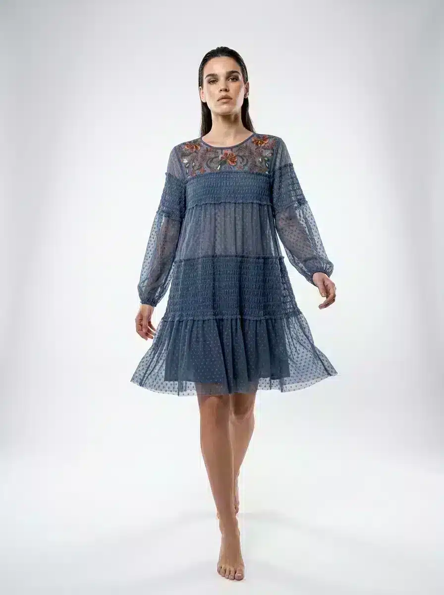 Blue Dotted Mesh Embroidered Dress - Summer Vibes