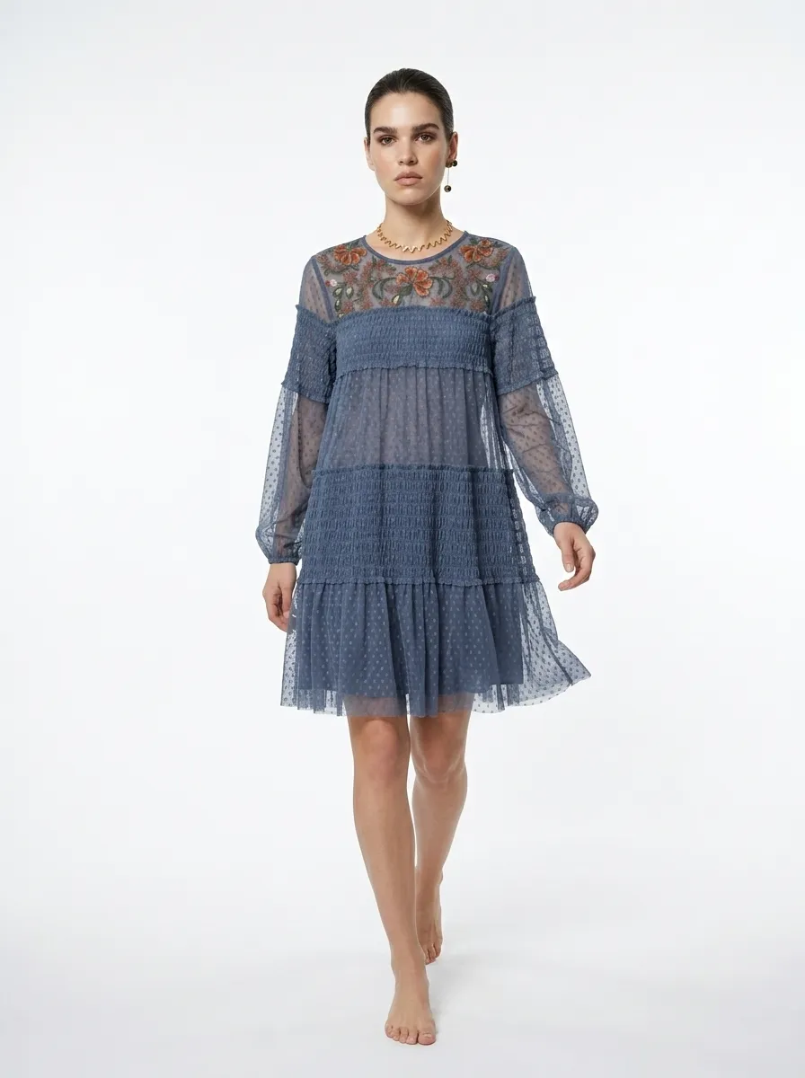 Blue Dotted Mesh Embroidered Dress - Summer Vibes