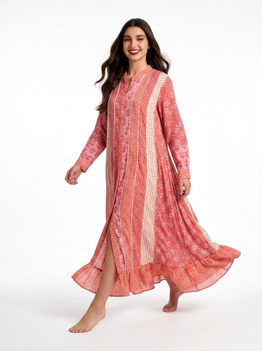 Coral and Beige Cotton Hand-Printed Dress - Summer Vibes - Image 3