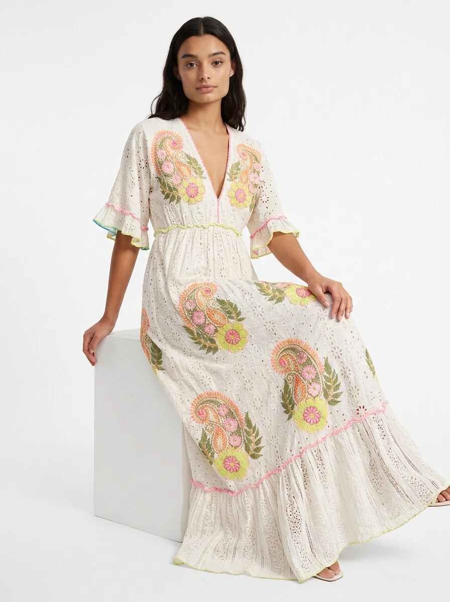 Off-white Cotton Embroidered Dress - Summer Vibes - Image 2
