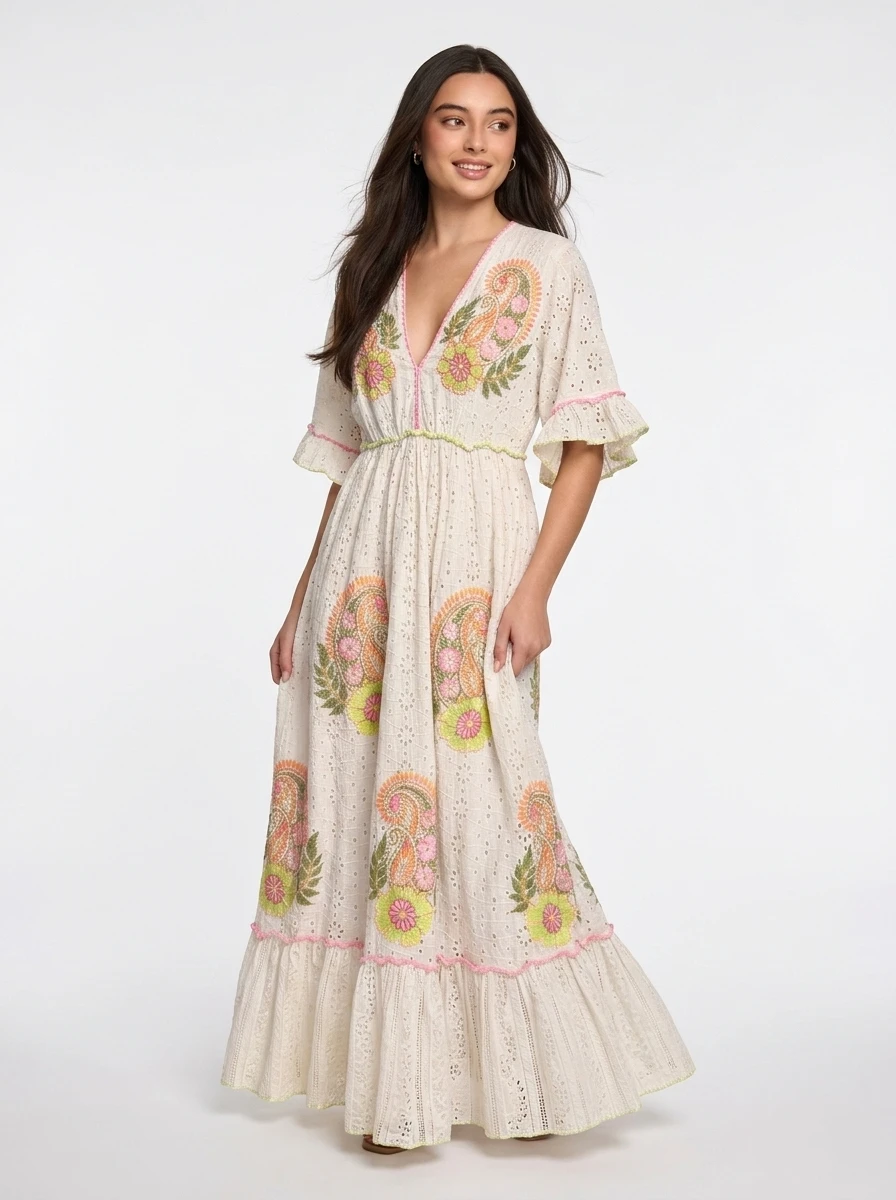 Off-white Cotton Embroidered Dress - Summer Vibes - Image 4