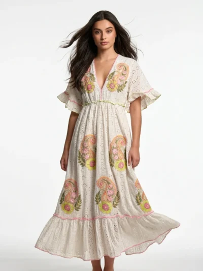 Off-white Cotton Embroidered Dress - Summer Vibes