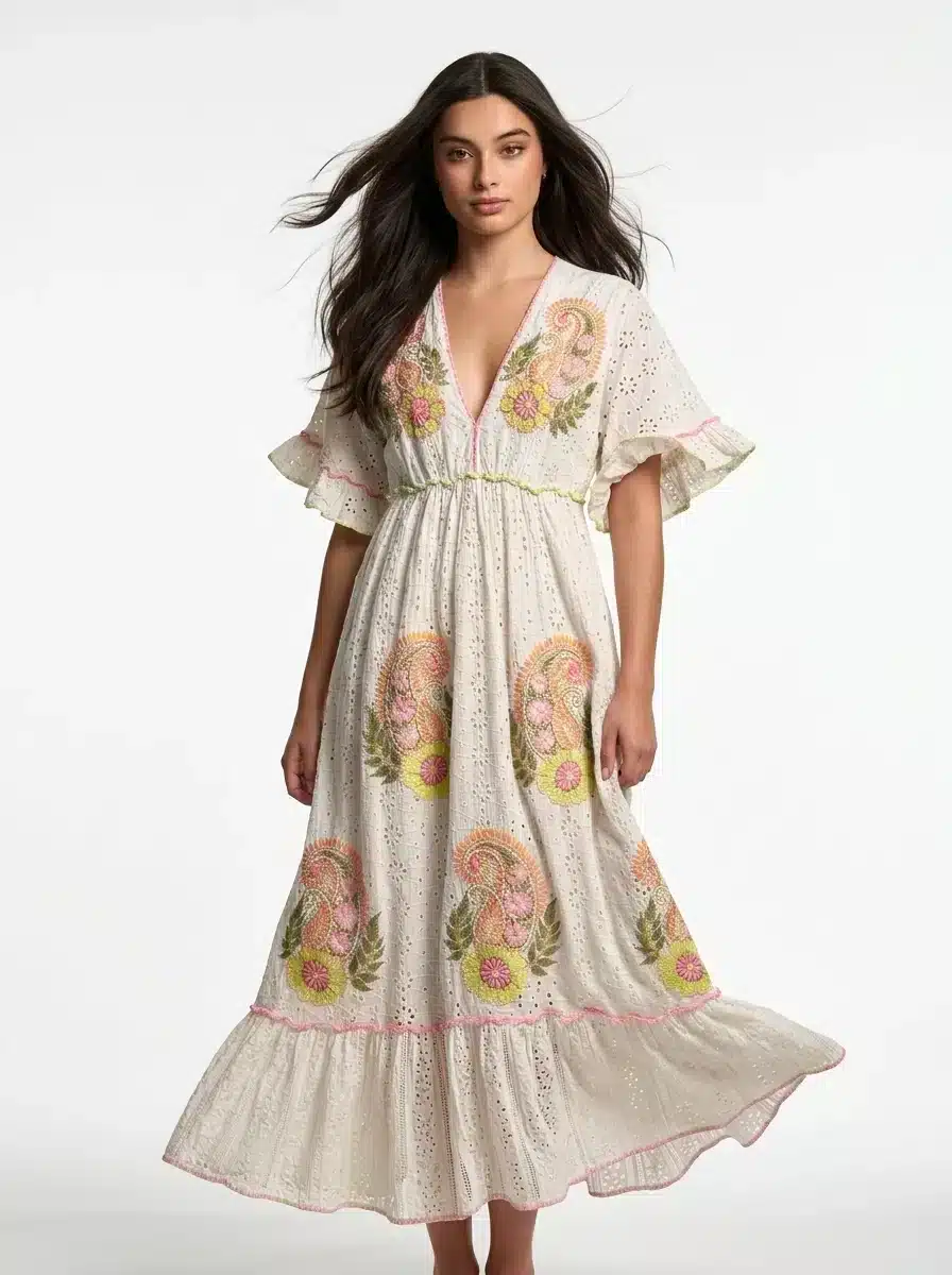 Off-white Cotton Embroidered Dress - Summer Vibes