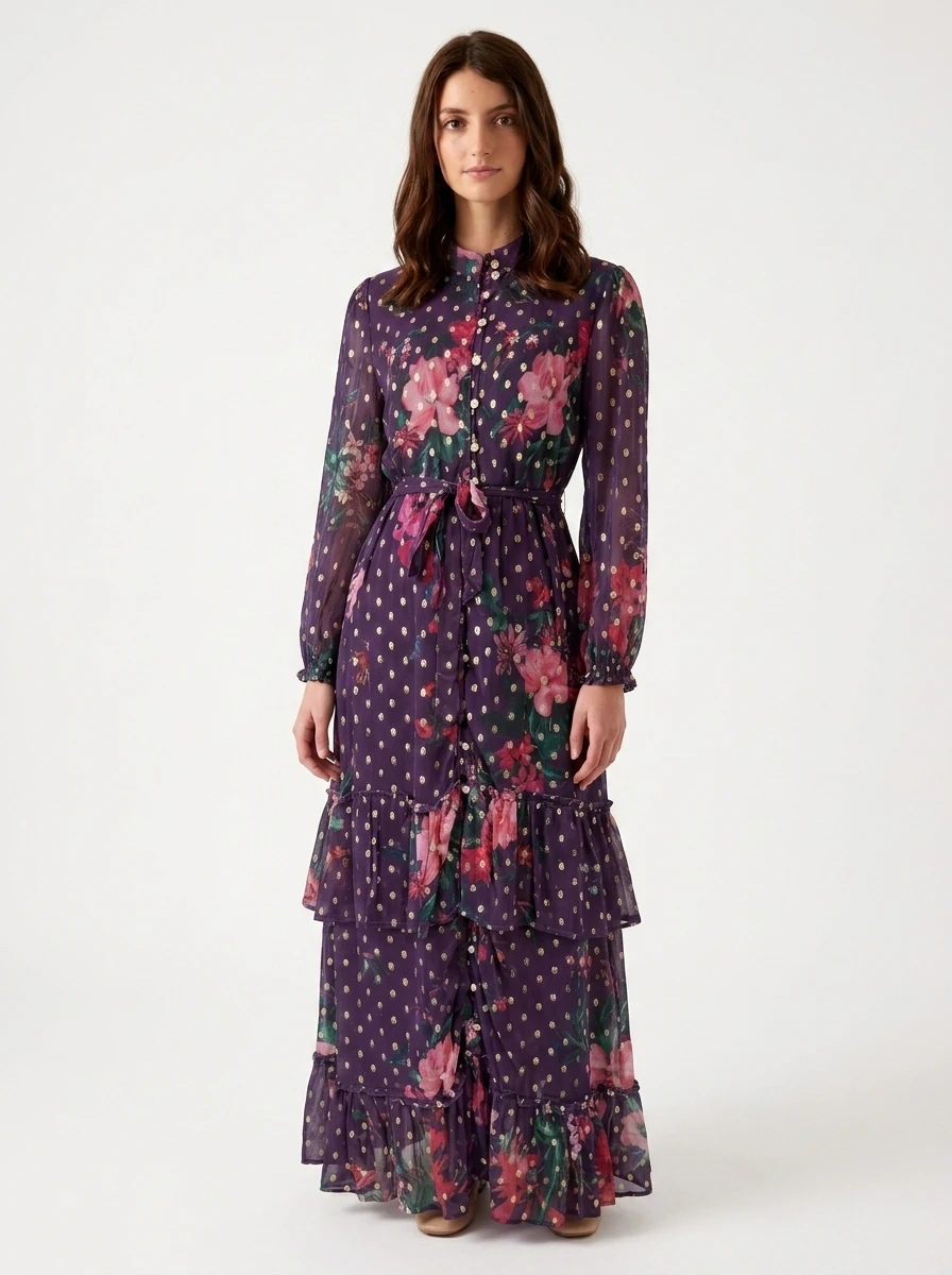 Printed Purple Chiffon Sewn Dress - Spring Collection - Image 5