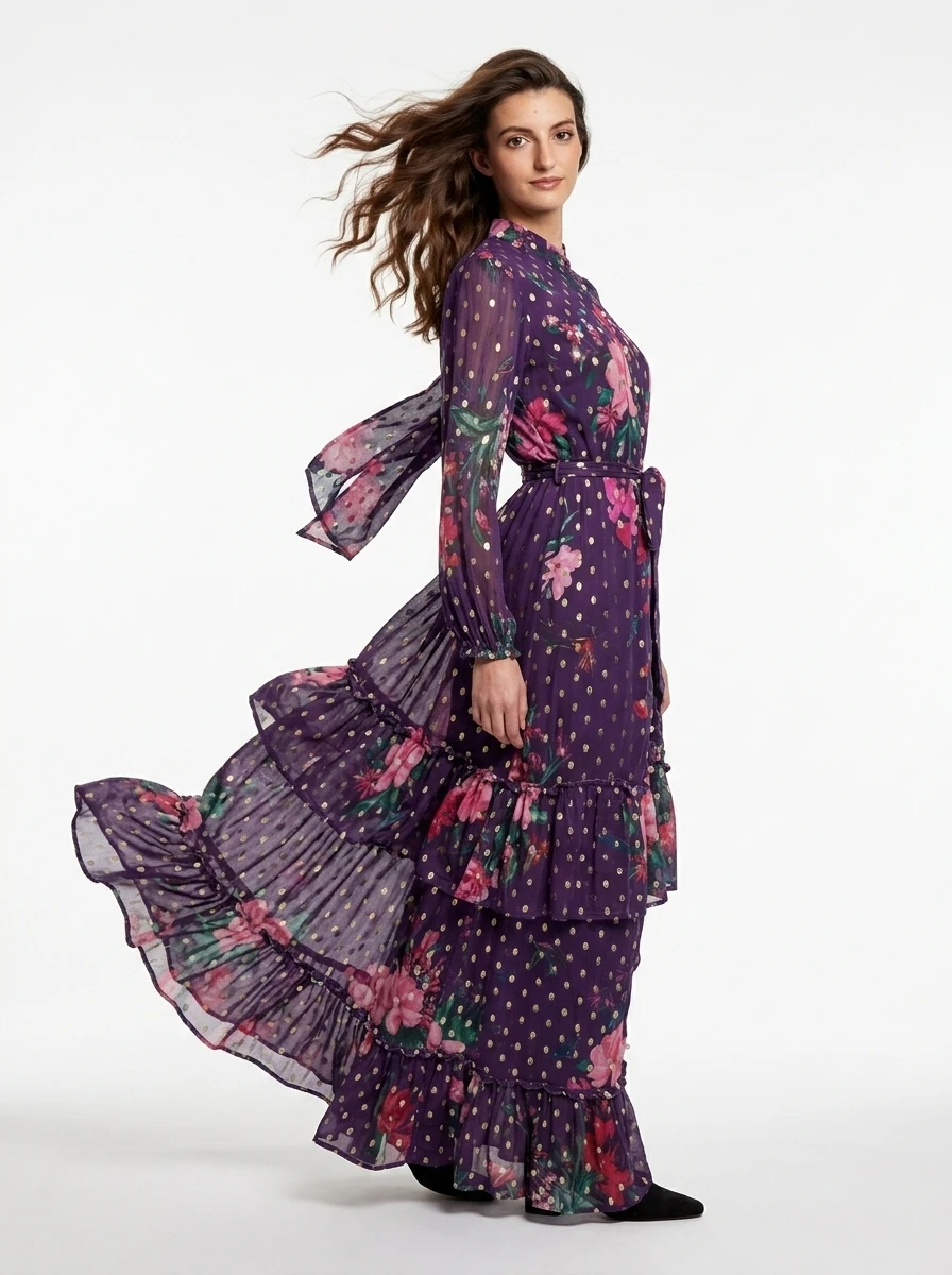 Printed Purple Chiffon Sewn Dress - Spring Collection - Image 4