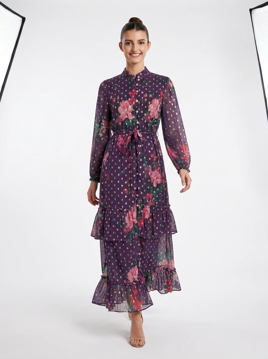 Printed Purple Chiffon Sewn Dress - Spring Collection - Image 3