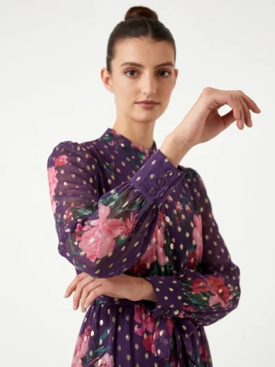 Printed Purple Chiffon Sewn Dress - Spring Collection